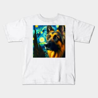 A German Shepherd’s Starry Night - Alsatian in Vincent Van Gogh Style - Contrast Kids T-Shirt